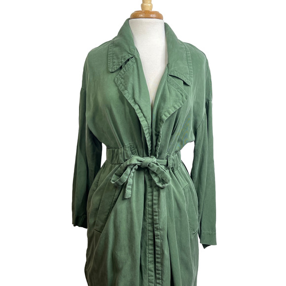 Zara Olive Green Light Weight Trench Coat Duster Jacket Belted Waist Tied - Picture 3 of 15